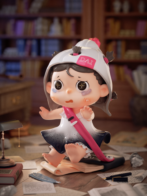 The Timid Scriptwriter, a secret hidden chaser, is portrayed with teary eyes, wearing a white helmet marked “DAI” and a black-and-white dress. They sit nervously among scattered papers and crumpled notes, a large quill pen resting on the floor nearby. The background library shelves and overturned books set the mood of a frantic scriptwriter under pressure.