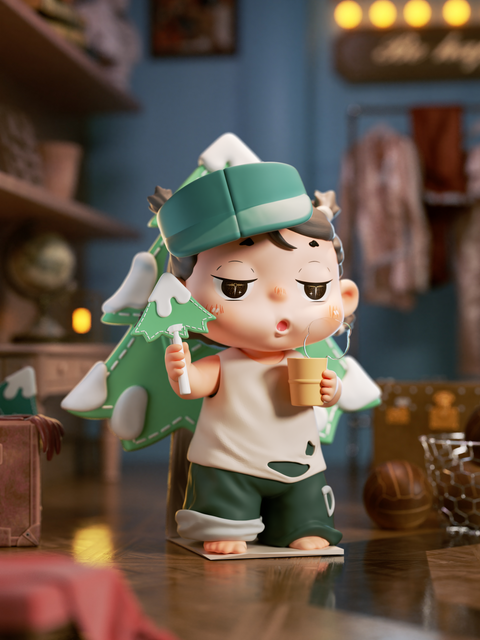 The Slack Bit Part Player appears nonchalant, wearing a green cap and tattered clothes with patches. Holding a cup of noodles and a paper prop tree, they slouch lazily, embodying a backstage extra uninterested in the spotlight. The messy dressing room background with costumes and props adds to the comedic effect.