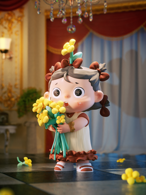 The Wrap Moment figure shows a shy character clutching a bouquet of yellow flowers, blushing with wide eyes. They wear a cream dress with rust ruffles, sandals, and a sprout hairpin. Petals scatter across a tiled ballroom floor under chandeliers and stage curtains.