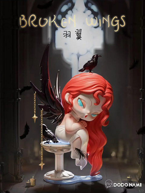 A melancholic chibi-style figurine from DODO NAMI titled “Broken Wings” features a red-haired character with drooping black wings, perched on a white pedestal. The figure is wrapped in a white cloth, eyes closed in sorrow, with black feathers scattered around. A black raven sits atop her head, and another rests by her feet. Gothic cathedral arches, candles, and a large window frame the background, creating a somber, mournful atmosphere with gold chains and soft shadows.