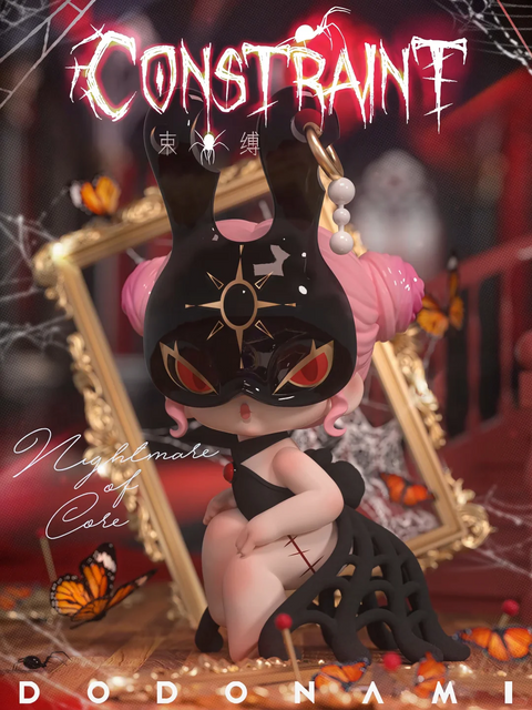 This DODO NAMI figurine, a masked variant of “Constraint,” features a pink-haired character in a black web-like dress, now wearing a glossy black rabbit mask with red eyes and a golden sun emblem. Set against a dramatic backdrop of a tilted gold frame, cobwebs, butterflies, and needles, the figure exudes mystery and allure. The added mask amplifies the gothic elegance and hidden identity theme, intensifying the eerie and theatrical atmosphere.