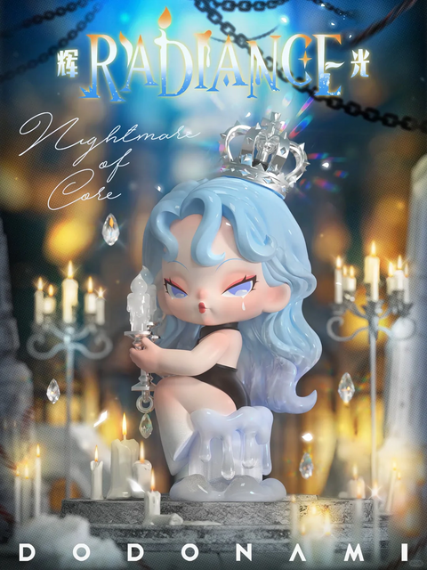 This DODO NAMI figurine, titled “Radiance – Nightmare of Core,” features a silver-blue-haired character wearing a metallic crown, seated among melting candles and crystal prisms. Dressed in a black outfit, the figure holds an ornate candle holder with a solemn expression and a single teardrop. Surrounded by glowing light and heavy chains in the background, the scene blends elegance and sorrow, evoking a gothic fantasy mood filled with contrasts of warmth and melancholy.