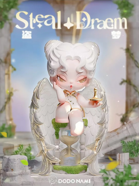 A fantasy-style figurine from DODO NAMI titled “Steal Dream” features a white-haired character with curled horns and closed eyes, perched atop a golden hourglass. Large, ornate angel wings frame the figure as they hold a small, glowing lamp in one hand and rest their head on the other. The backdrop shows ruins with stone arches, overgrown plants, and floating yellow petals. Soft lighting and magical elements create a dreamy, ethereal mood.