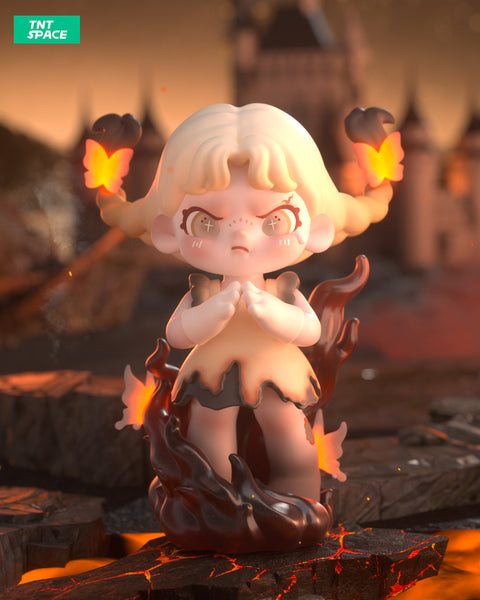 A 3D-rendered Dora figurine stands on cracked volcanic ground, surrounded by black flames. The character has blonde hair styled in twin braids that burn at the tips, forming glowing orange butterflies. Dressed in a tattered dress with a singed hem, it clasps its hands with a tense expression. Its star-shaped pupils glow intensely. In the background, a dark castle looms against a fiery sky, adding to the dramatic, apocalyptic atmosphere.
