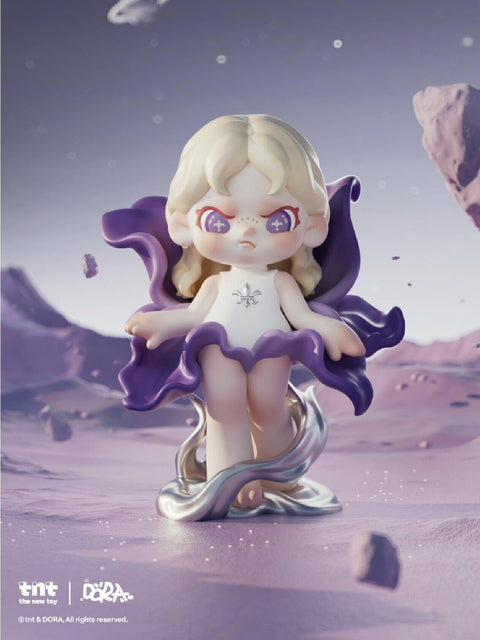 Dora Material Vistas Series figure "Blooming," dressed in flowing green garments with flower accents, symbolizing renewal, standing under a serene willow tree with sunlight filtering through.