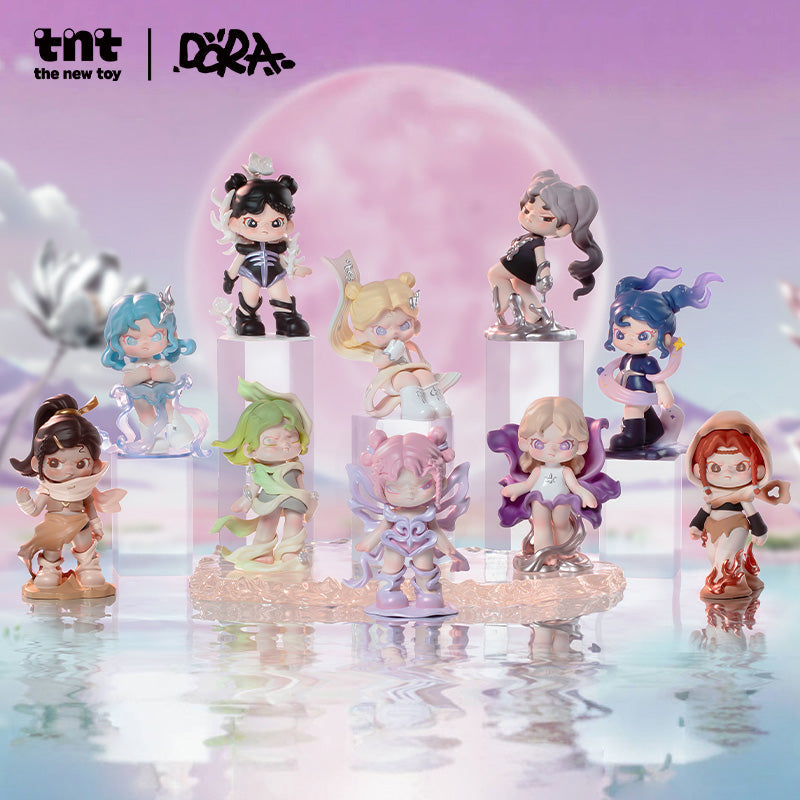 Dora Material Vistas Series full display showing all collectible figures, including Dust, Spine, Blooming, Drift, Blaze, Whisk, Yearning, Change, and the secret chaser Pleasing, posed on clear stands against a pink moonlit background.