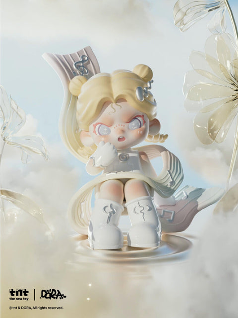 Dora Material Vistas Series secret hidden chaser figure, "Pleasing," styled with ethereal silver and pink tones, reflective wings, and elegant futuristic details, standing in a dreamlike mirrored world.