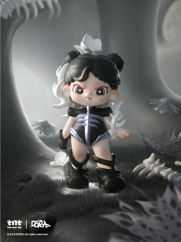 Dora Material Vistas Series figure "Spine," a gothic design with black and white skeleton-like outfit, pigtail buns, and fierce red-eyed stare, set in a dark monochrome forest.