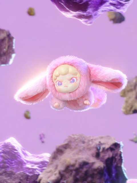 Pink‑haired doll in a fuzzy, long‑eared bunny hood glides through a violet, cosmic scene. Soft ears trail behind as floating rocks glow around a mauve backdrop, turning the plush figure into a whimsical, midair explorer.