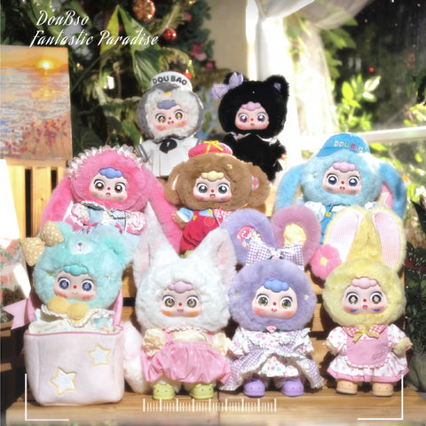 Full display of Doubao 400% Fantastic Paradise Series, showcasing all variants including Apple Monkey, Frosting Rabbit, Pearl Cat, Penguin Sailor, Rose Fox, Honey Rabbit, Surprise Bear, and the secret Park Rabbit. Each plush-dressed figure is styled with bold costumes and dreamy accessories.