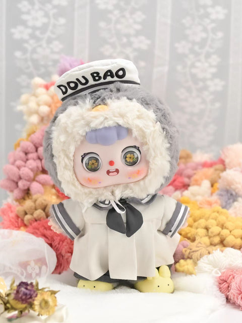 Doubao Penguin Sailor features a fluffy grey-and-white penguin hood with a sailor hat labeled “Dou Bao” and a crisp white sailor uniform with black trim. The design combines plush animal textures with nautical fashion, giving this 400% figure a playful seafaring style.