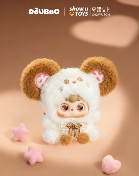 Doubao wearing a white and brown fuzzy rat costume with large round ears and a tiny plaid bow.