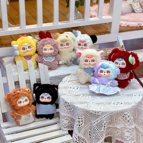 Full display of the Doubao School of Animal Science Plush Blind Box series, showing multiple characters like Bear, Chick, Puppy, Lamb, Piggy, Kitten, Koala, Rabbit, and the rare Penguin hidden edition. Each plush has vibrant fluffy animal suits with charming details.