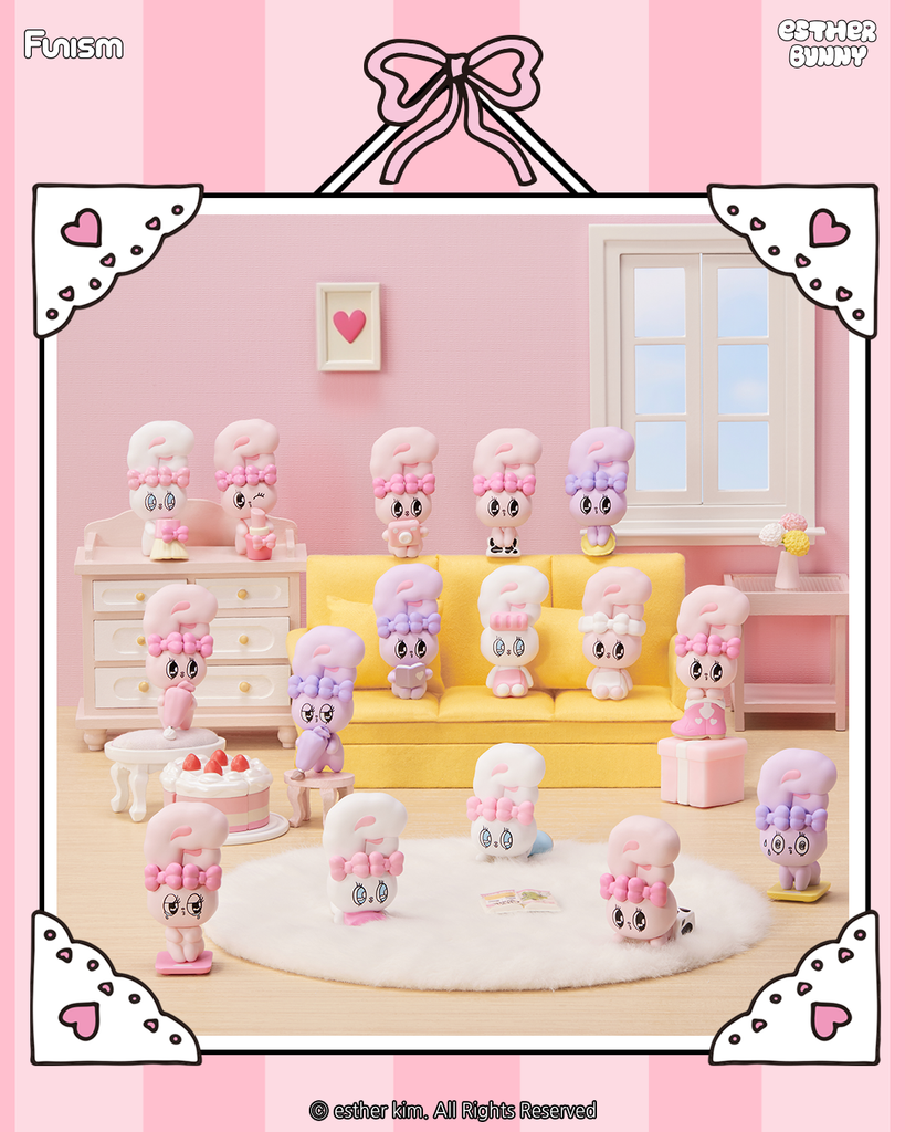Cartoon-style promotional image for the Esther Bunny Little Vlog Bunny Face Series, showing three bunny figures in pastel outfits standing in front of a giant bow and pink background. The design emphasizes the cute, fashionable vlog lifestyle with accessories like a book and smoothie.