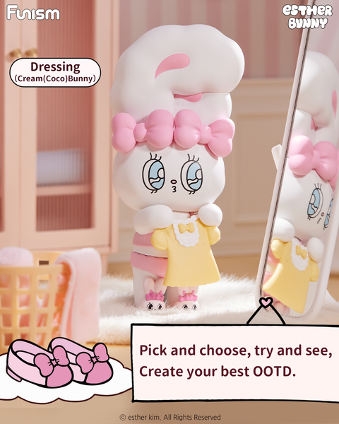 A white bunny with a large pink bow named Cream (Coco) Bunny stands before a mirror, holding a yellow dress with a bow. The figure wears pink slippers with bows and stands on white faux fur in a pink-themed dressing room filled with cozy furniture and warm light.
