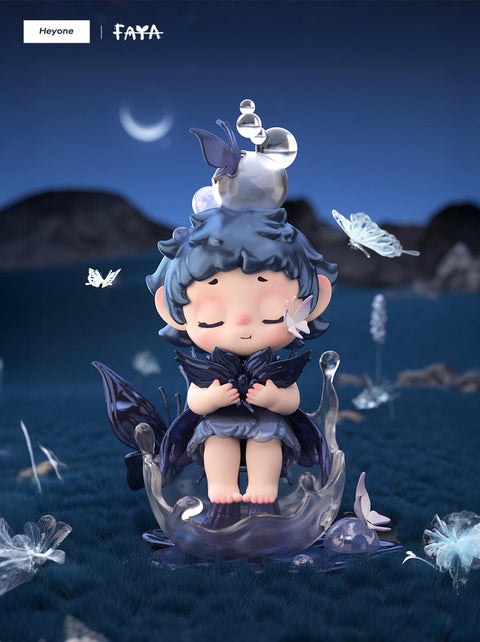 FAYA Butterfly Reverie rests among dark blues, with butterflies surrounding, eyes closed peacefully, symbolizing transformation and dreams.