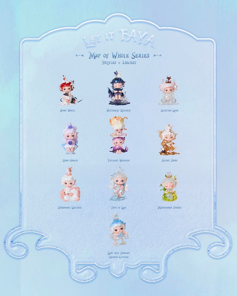 Official lineup chart of the Let It FAYA collection, showing character names: Swan Waltz, Butterfly Reverie, Sleeping Lamb, Star Oracle, Twilight Horizon, Silent Dune, Dreaming Unicorn, Flow of Life, Midsummer Forest, and Leap Into Dreams (secret).