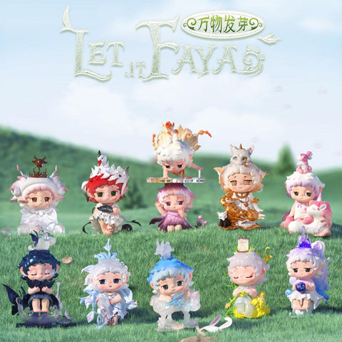 Full display of the FAYA Let It FAYA blind box collection, featuring whimsical fantasy characters inspired by nature, magic, and dreams.
