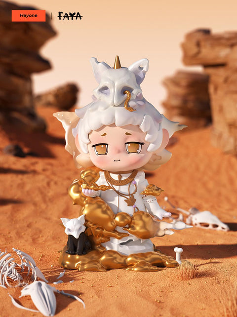 FAYA Silent Dune figure dressed in golden desert tones with skeletal motifs, holding sand-like gold, evoking survival in barren lands.