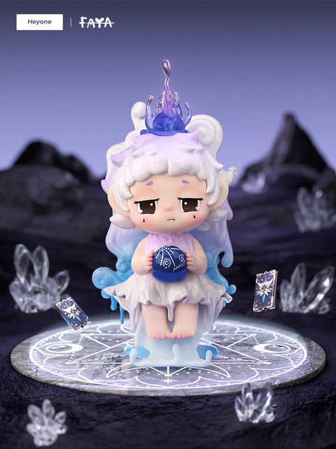 FAYA Star Oracle figure sits on a glowing circle with mystical runes, holding a blue sphere, evoking magical prophecy and cosmic wisdom.