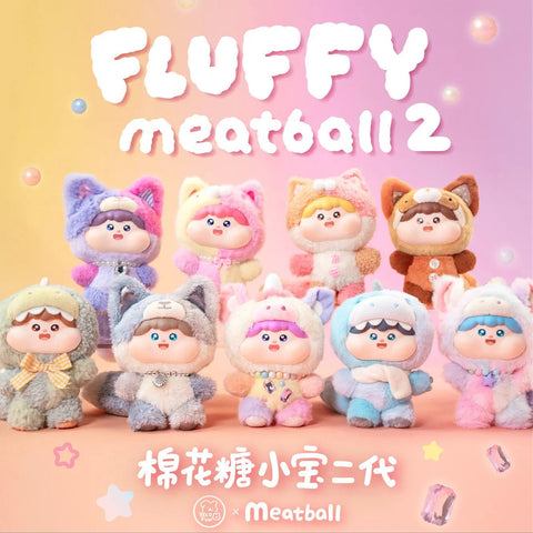 Group display of the Fluffy Meatball V2 collection with plush dolls in whimsical costumes like Rainbow Pony, Pink Kitty, Calico Cat, Raccoon, Foxes, Dragons, and Unicorn. A dreamy pastel background enhances the soft playful theme.