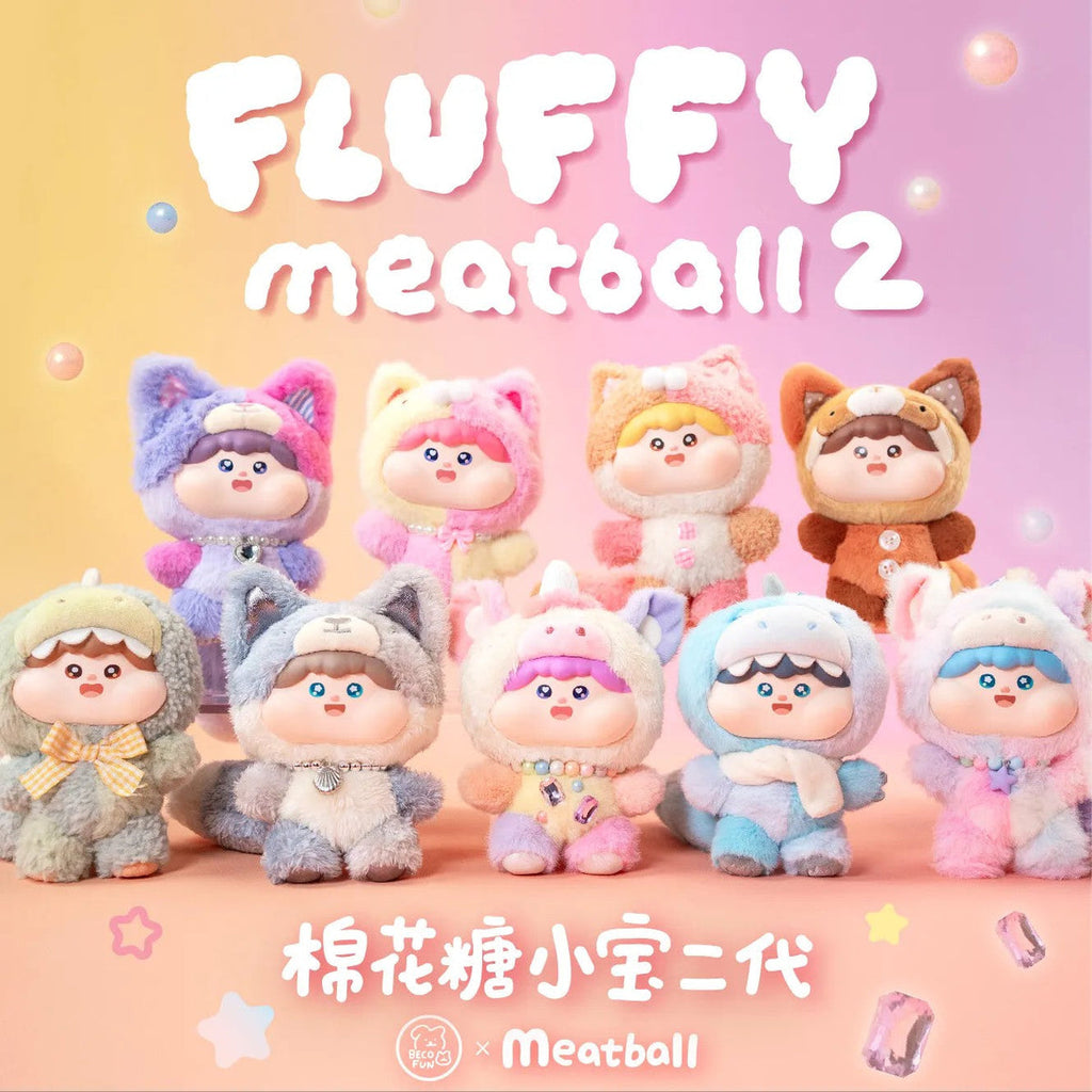 Group display of the Fluffy Meatball V2 collection with plush dolls in whimsical costumes like Rainbow Pony, Pink Kitty, Calico Cat, Raccoon, Foxes, Dragons, and Unicorn. A dreamy pastel background enhances the soft playful theme.