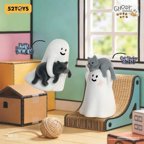 Highlights the premium flocked variants: "Fluffy British Blue" holding a textured, fuzzy dark grey cat, and "Cat Stacker," featuring a blushing ghost with a fuzzy grey cat lounging across its head.