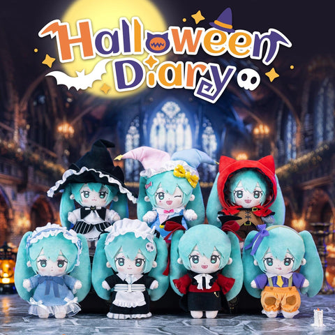 Group display of Hatsune Miku Halloween Diary plush series, each themed in classic costumes: witch, vampire, maid, ghost, pumpkin, red riding hood, and hidden circus clown. Set against a moonlit cathedral backdrop with festive Halloween graphics, creating a playful seasonal showcase.