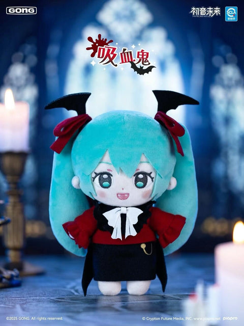 Plush Hatsune Miku styled as a vampire, dressed in a red blouse with black cape, white bow, and bat-wing hair accessories. She smiles with fangs hinted in the playful expression. Set against gothic candlelit arches, this plush evokes the dramatic charm of classic Halloween vampire lore.