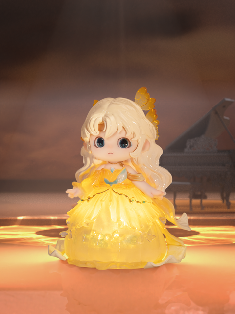 Dusk’s Warm Embrace figure from Joy Twinkling Starlights Series, a radiant chibi character in a bright yellow gown with golden highlights, glowing like the sunset.