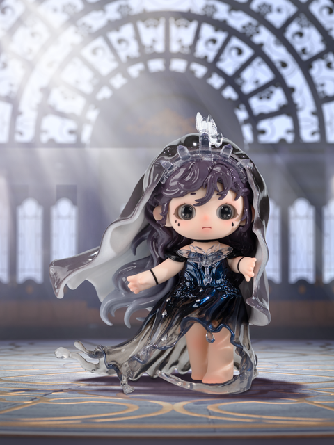 Eternal Night Bride figure from Joy Twinkling Starlights Series, featuring a dark shimmering gown with transparent flowing veil, crystal crown, and gothic bridal aesthetic against a regal background.