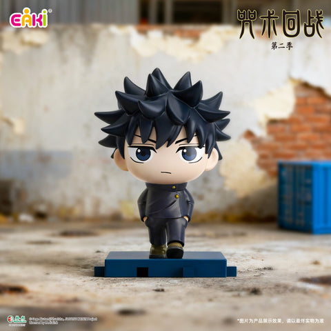 A compact Megumi Fushiguro figure with spiky black hair and a neutral expression, captured mid-stride.