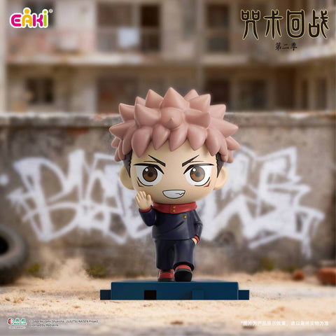 A 2.2-inch chibi figure of Yuji Itadori in a walking pose, wearing his dark blue sorcerer uniform with a red hoodie.