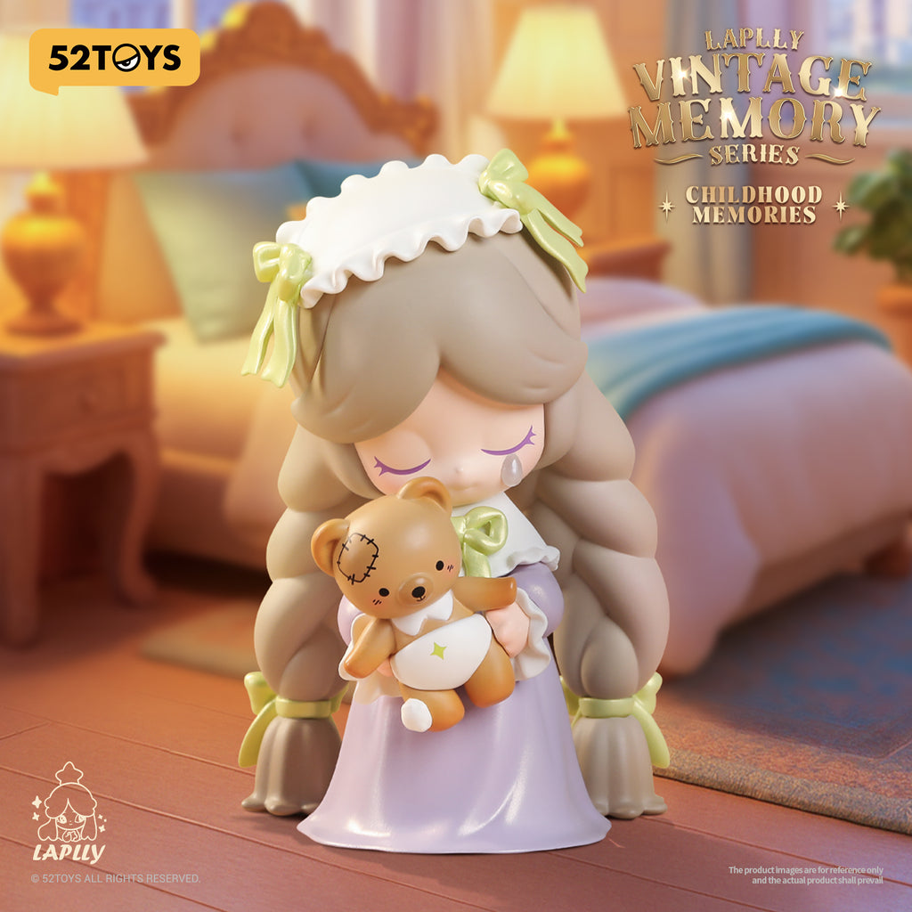 A soft-toned figure in a lavender nightgown with green ribbons, gently clutching a patched teddy bear while a tear rests on her cheek. She stands before a cozy bedroom scene, capturing the bittersweet essence of childhood innocence and memory.