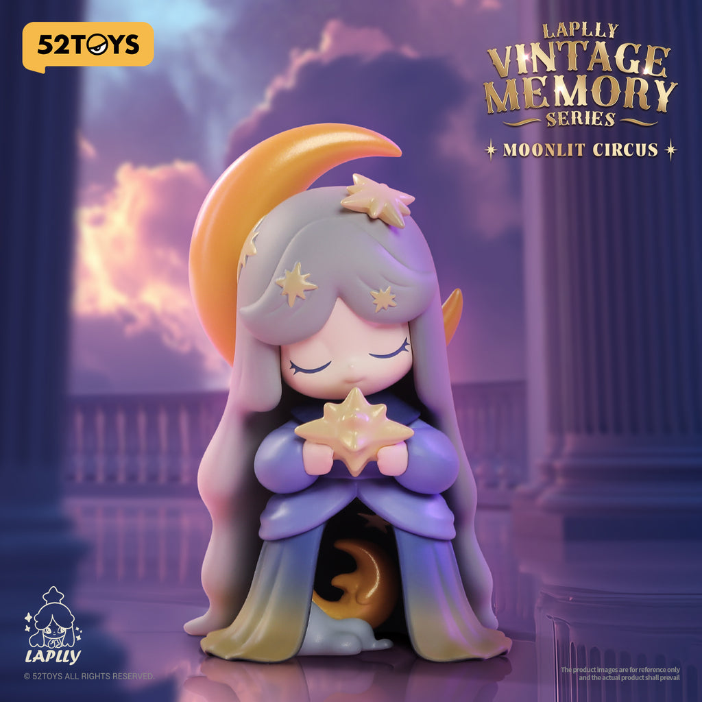 A celestial girl with silver hair and a star-adorned blue robe, clutching a golden star. A crescent moon rests behind her head as she sits in twilight, exuding a dreamy, circus-like fantasy mood.