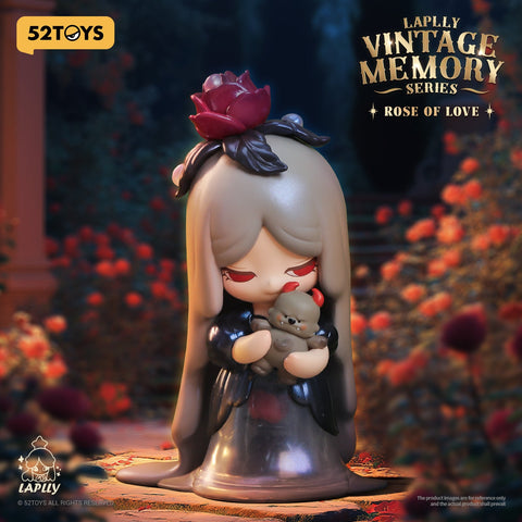 A gothic-styled girl with long gray hair and a large rose on her head, dressed in black and crimson. She cradles a small creature tenderly, evoking a mix of haunting romance and vintage gothic beauty.