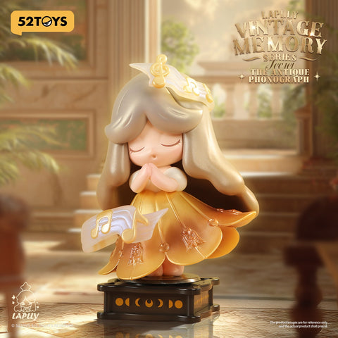 A dreamy figure with long flowing silver hair and a golden dress shaped like a phonograph horn, holding a floating sheet of music. She stands on an ornate black base, eyes closed in serene concentration, embodying vintage musical nostalgia.