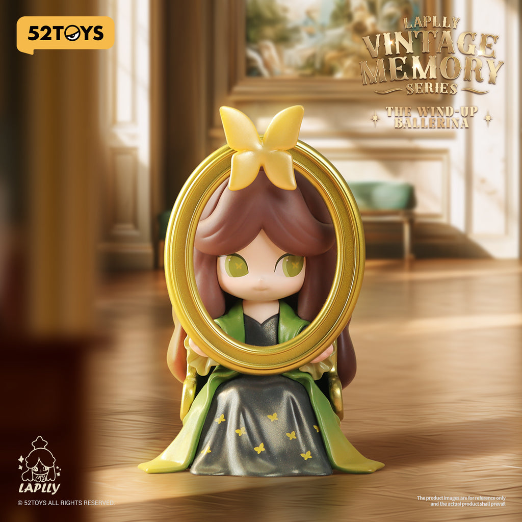 A mysterious figure dressed in emerald green, holding a golden ornate oval frame in front of her face. Her reflection within shows glowing green eyes, creating a haunting, vintage portrait illusion.