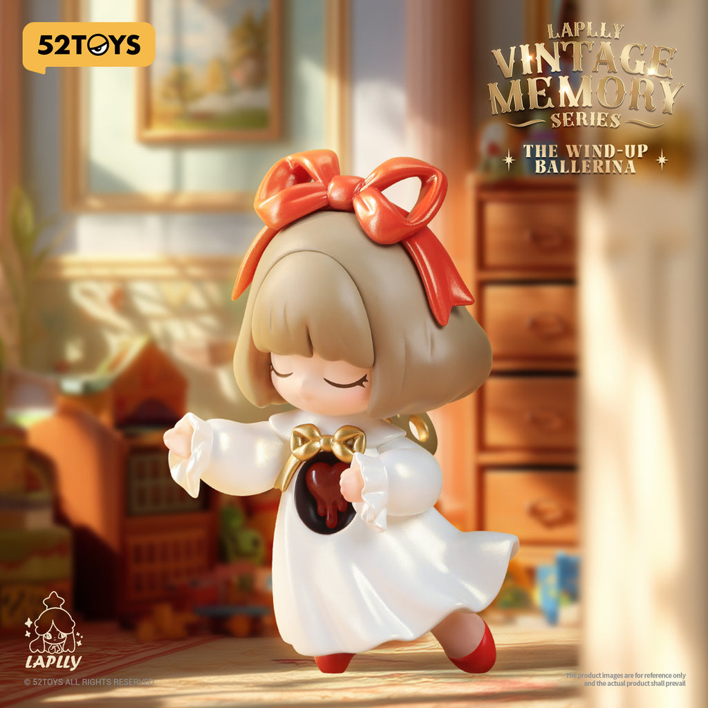 A ballerina doll with a bobbed haircut and red bow, wearing a white dress with gold details. She gracefully dances with eyes closed, a wind-up key visible on her back, symbolizing timeless vintage toy elegance.