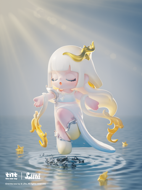 A white-haired figurine with gold horn-like shapes and a flowing white outfit steps lightly on reflective water, creating small ripples beneath her. Sunbeams stream from above, illuminating the gold accents on her sleeves and headdress. Small yellow star shapes float around her in the calm, glowing scene.