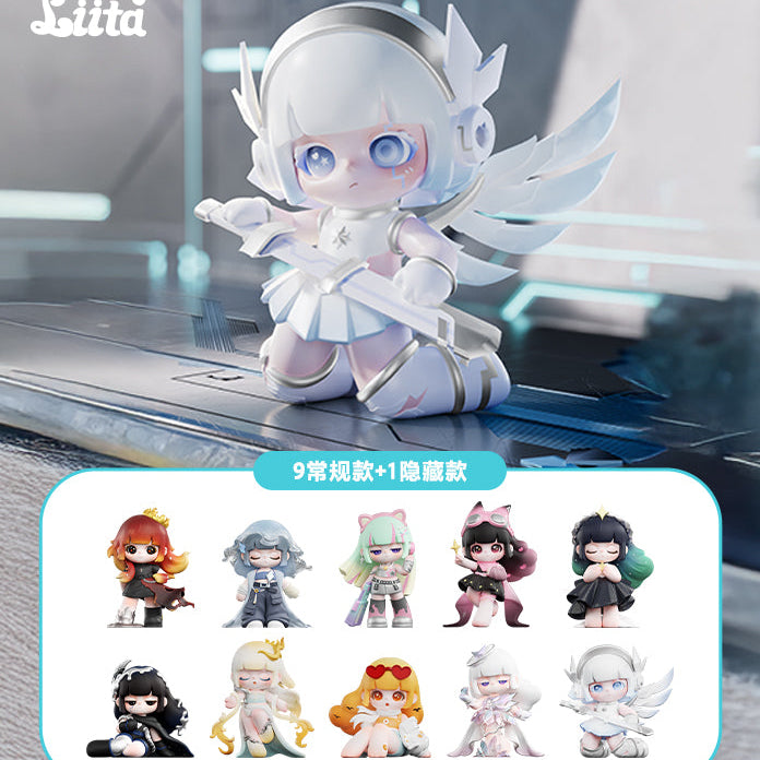 A promotional layout shows a central white-winged figurine on a metallic platform above a panel displaying ten character designs from the series. Each small figure features distinct hairstyles, outfits, and color themes. The bottom section includes repeating TNT branding across a solid blue background.