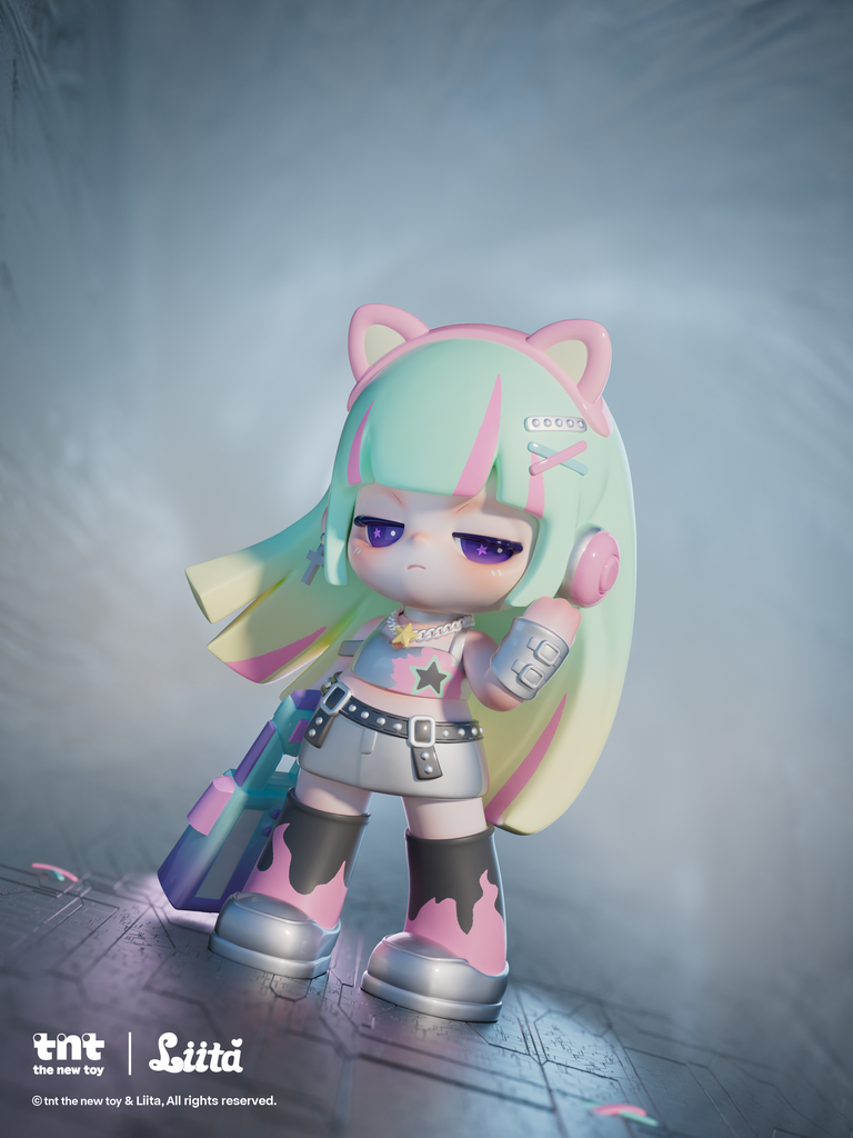 A mint-green and pink-haired figurine with cat-ear headphones stands on a reflective metallic floor, holding a handheld device and a large rectangular bag. She wears a star-decorated crop top, a belted skirt, and tall black-and-pink flame boots. Cool blue lighting enhances the sleek, modern environment.