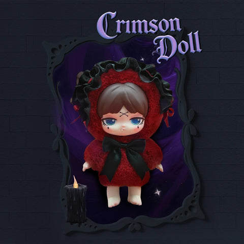A striking figure featuring Lilith in a vibrant red plush hood with black ruffled lace and a matching black bow.