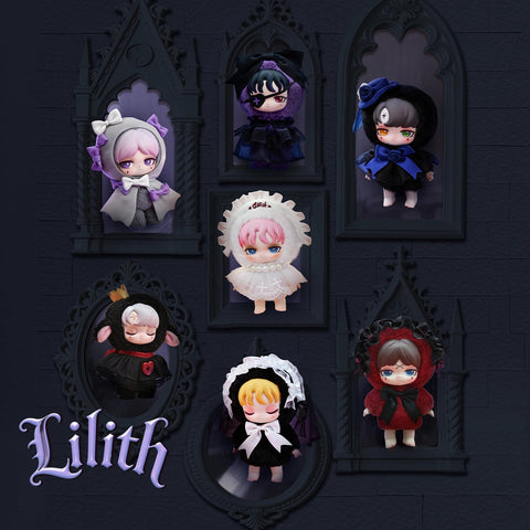 A gothic gallery showcase featuring the six core Lilith plush characters and the hidden chaser staged inside ornate black frames against a dark brick wall.
