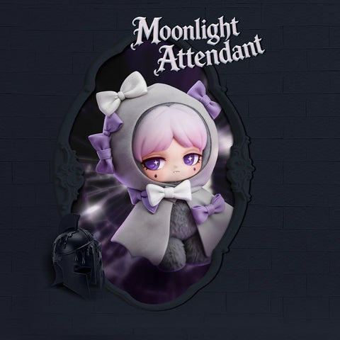 Lilith styled in a soft gray hooded cape accented with lavender bows and a clean white ribbon.