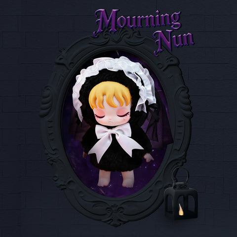 Lilith reimagined in a black-and-white habit with a white lace trim and a large white bow, posed with a miniature black lantern.