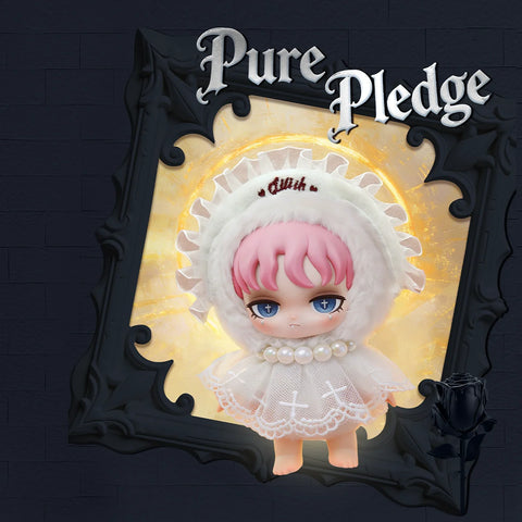 The ultra-rare "Pure Pledge" hidden chaser plush featuring Lilith with soft pink hair, striking blue eyes, and an intricate white lace bridal veil with cross embroidery.
