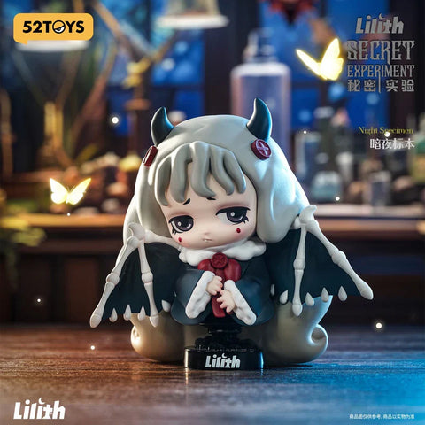 A collectible figurine from the 52TOYS "Lilith Secret Experiment" blind box series, titled "Night Specimen." The figure features a melancholic, gothic-style character with pale skin, gray hair, and expressive eyes. She wears a horned hood with red button details and bat-like wings with skeletal arms. The moody, dimly lit background has glowing butterflies and a lab-like setting, enhancing the mysterious and magical atmosphere.