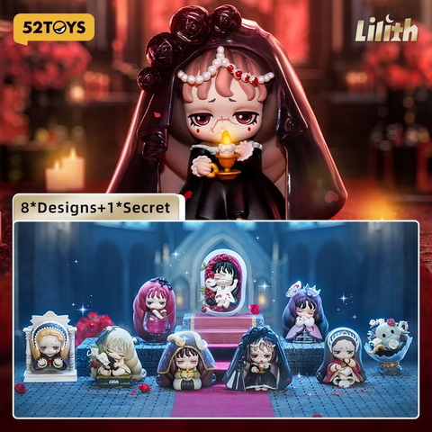 Display image for 52TOYS’ “Lilith: The Century of Mary” blind box series, featuring eight gothic-style figurines and one secret design. Each character wears ornate mourning attire, blending elegance with dark fantasy themes.