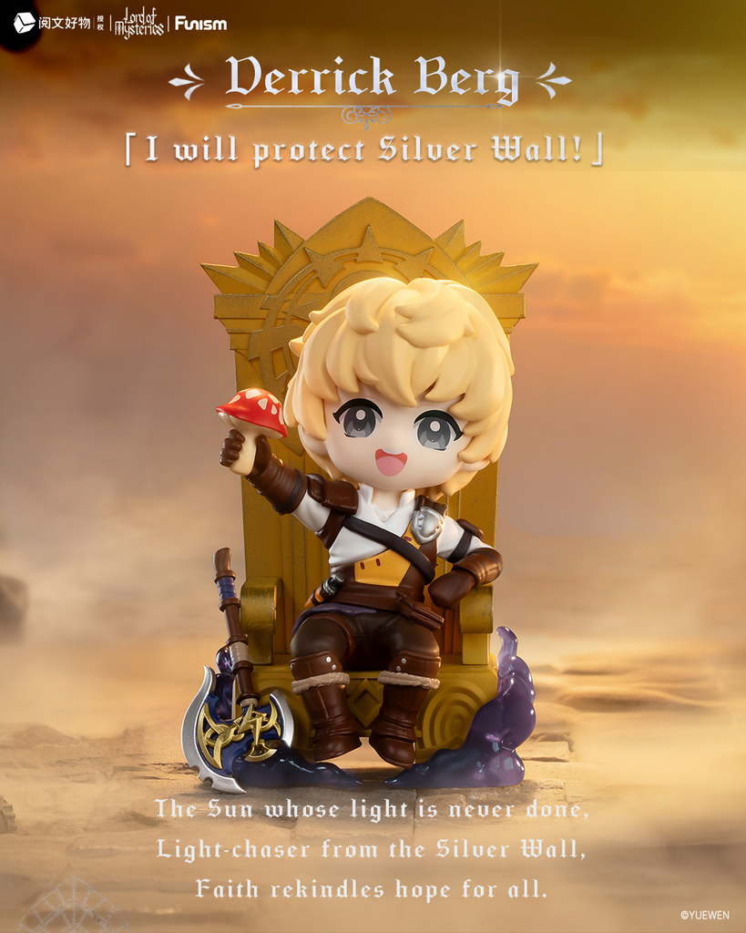 Derrick Berg, a blonde adventurer with warm amber eyes, sits proudly on a golden throne beneath a glowing sky. He wears a white shirt, leather armor, and boots while holding a red mushroom. A battle axe rests by his side, surrounded by purple mist and sunlight haze.